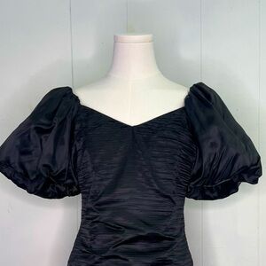 Vintage 1980’s Puffed Sleeve Satin Little Black Cocktail Dress Plissé Party